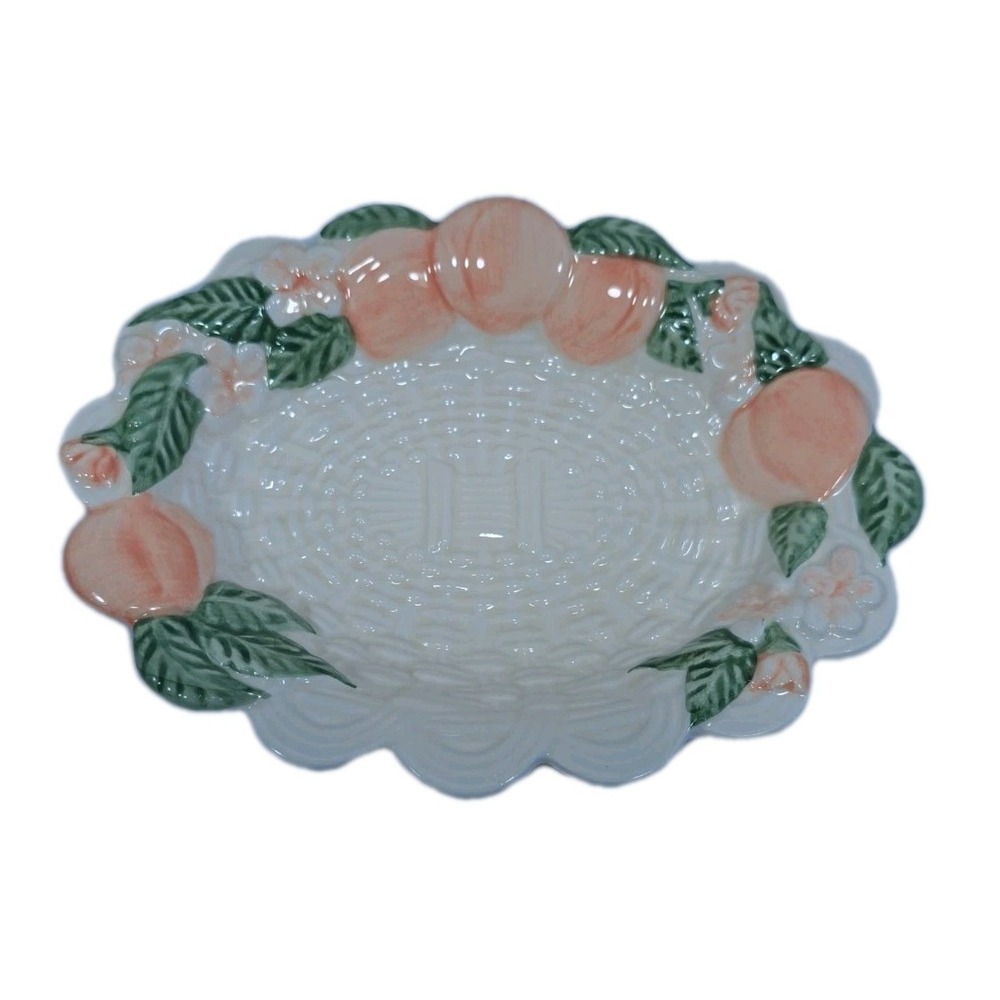 VTG Avon Peach Flowers Trinket Soap Dish/Plate Basket Weave Bathroom Scalloped